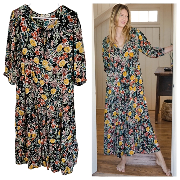 NATURAL LIFE Dresses & Skirts - Natural Life L/XL Sage Vneck Maxi Tiered Floral Tassel Tropical Garden Rose Prin
